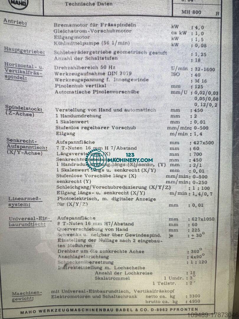 Show advert Werkzeugfräsmaschine MAHO MH 800